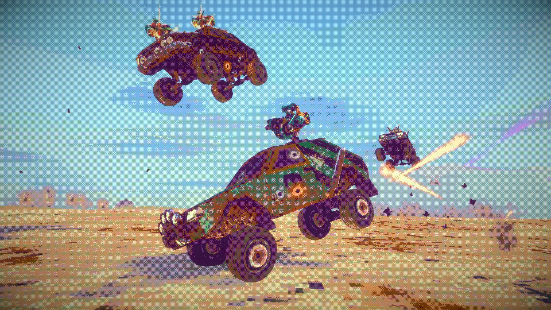 FUMES: Three armored cars airborne in desert combat, firing at each other amidst arid wasteland terrain.