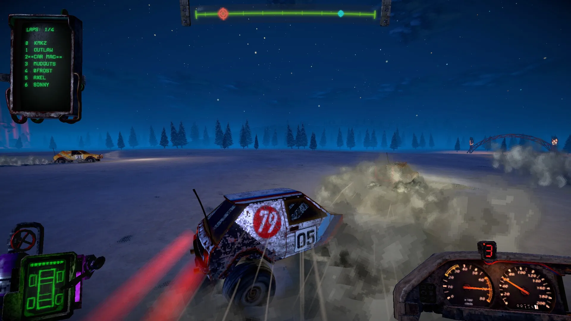 FUMES: Intense car combat at night with vehicles racing through a snowy wasteland, dashboard UI visible.