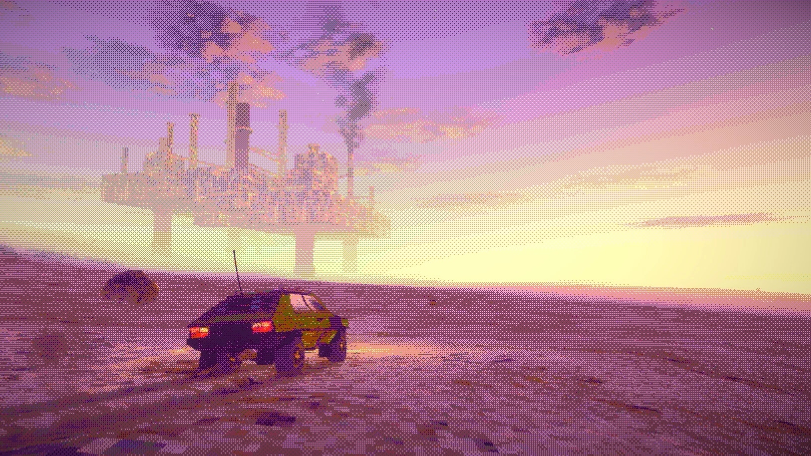 FUMES: Retro car speeding through a barren wasteland under a purple sky, with a distant industrial city.
