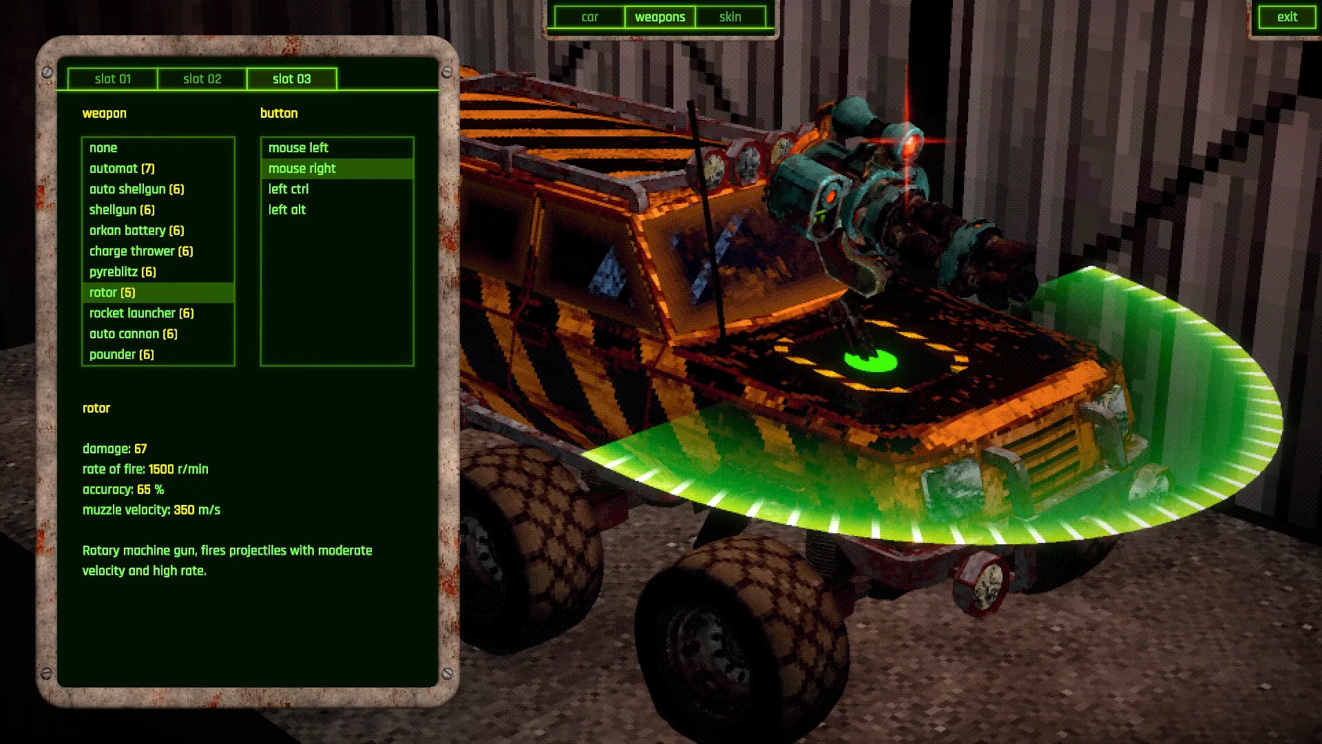 FUMES: Weapon selection and customization screen with armed vehicle in a gritty industrial environment.