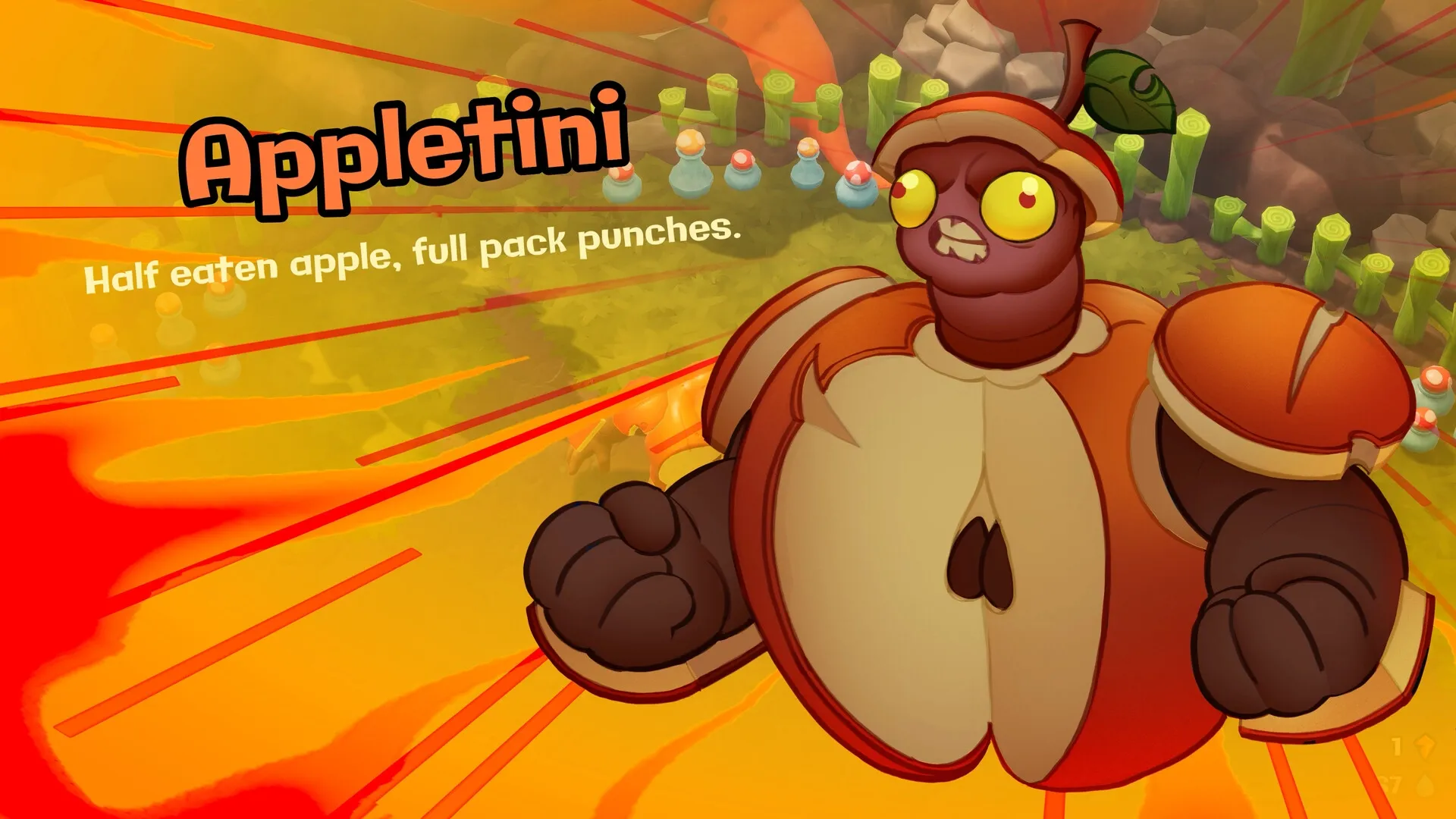 Funguys Swarm: Appletini character introduction with vibrant orange backdrop and forest details