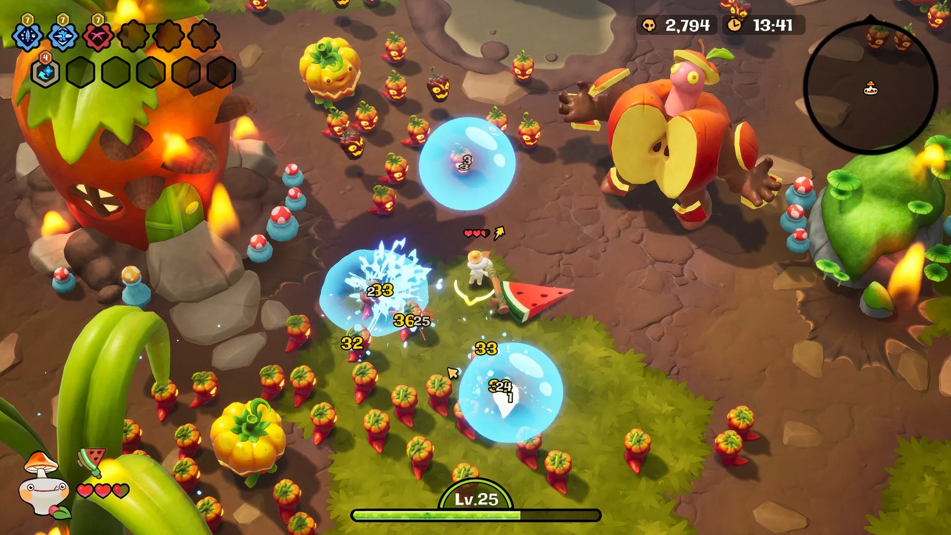 Funguys Swarm: Player battles small enemies and a giant creature in a fiery forest with UI elements visible.