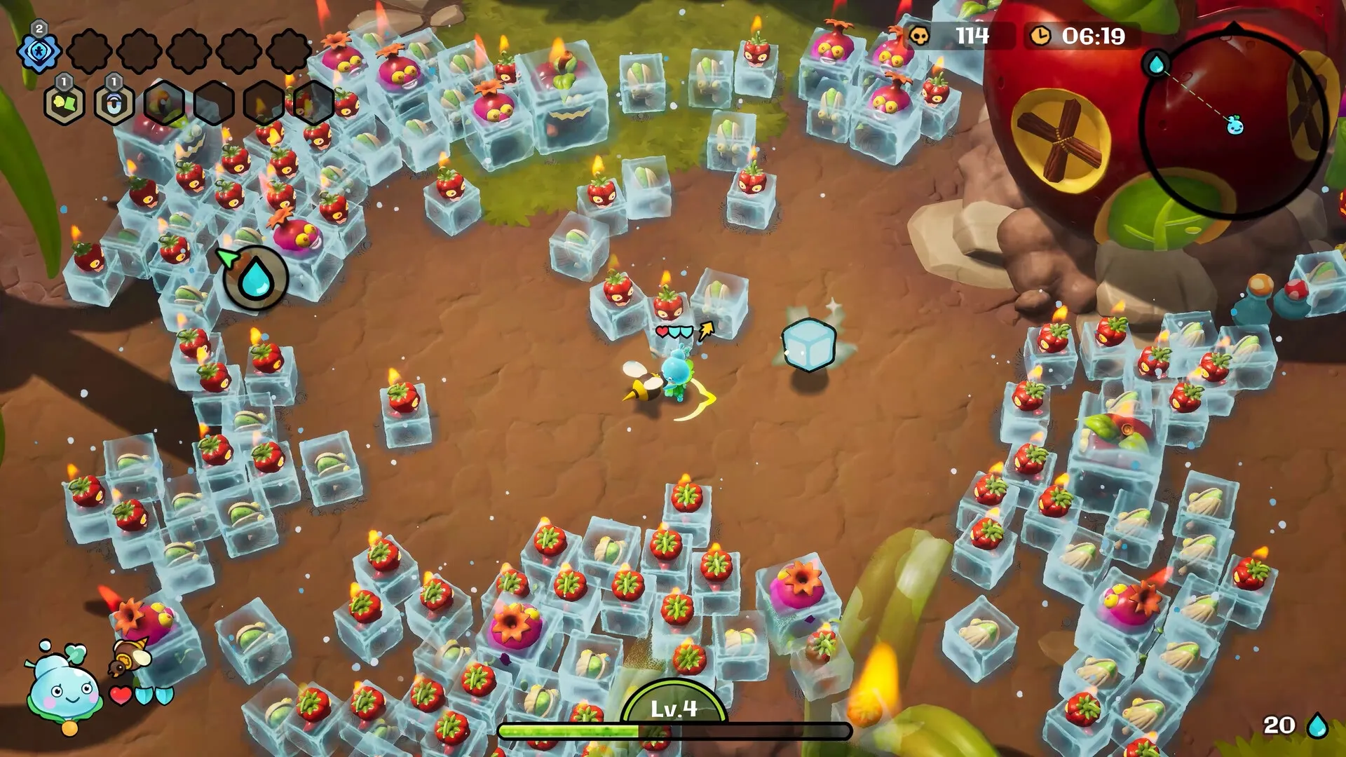 Funguys Swarm: Player character dodges fiery enemies encased in ice blocks in a burning forest arena.