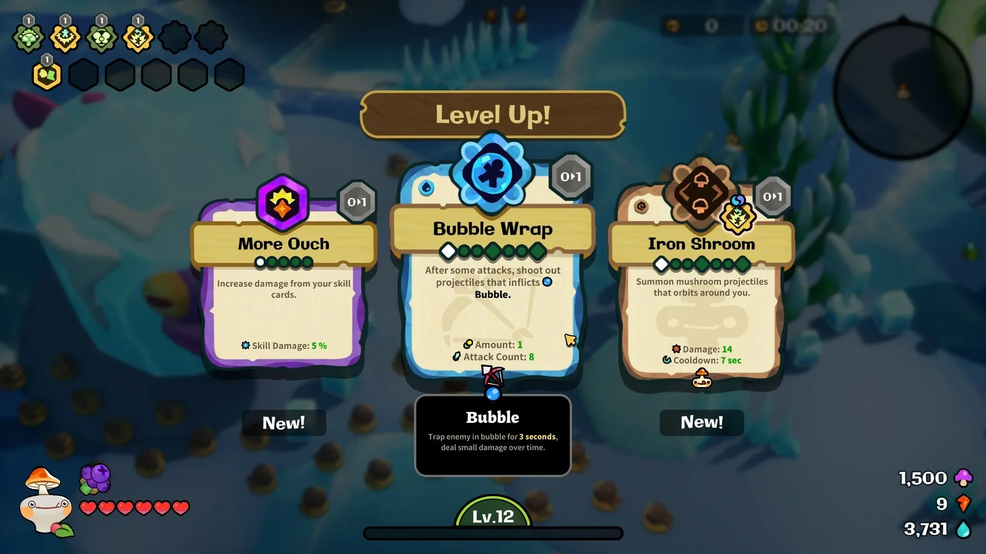 Funguys Swarm: Level up screen with three skill cards—More Ouch, Bubble Wrap, Iron Shroom—in forest setting.