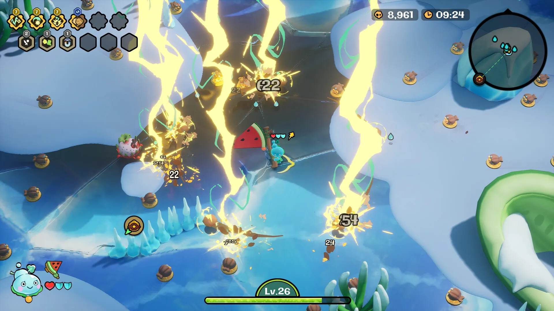 Funguys Swarm: Lightning attacks in icy landscape with enemies and player stats visible