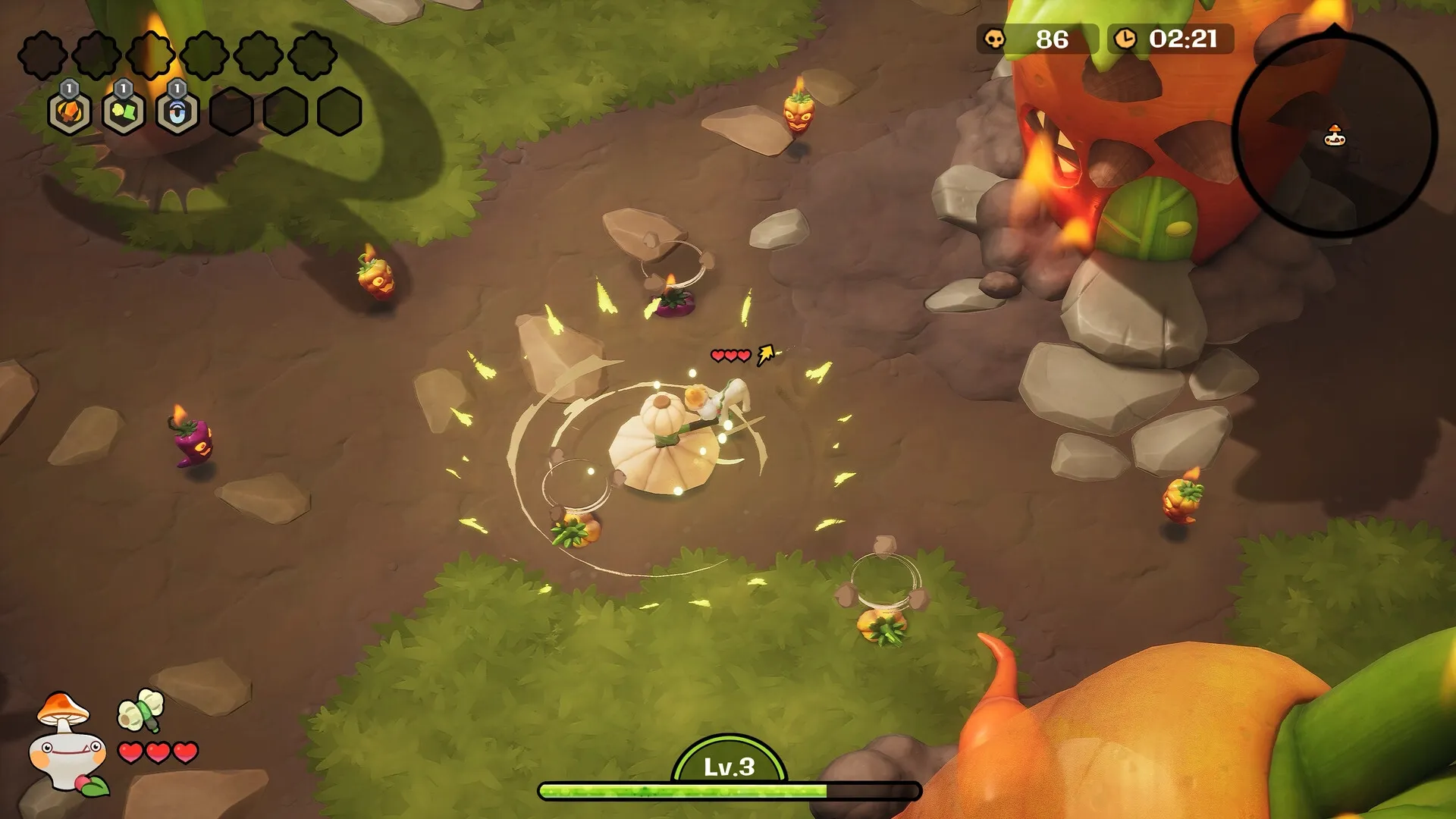 Funguys Swarm: Funguy battles enemies near a burning house in a forest; health and level shown.