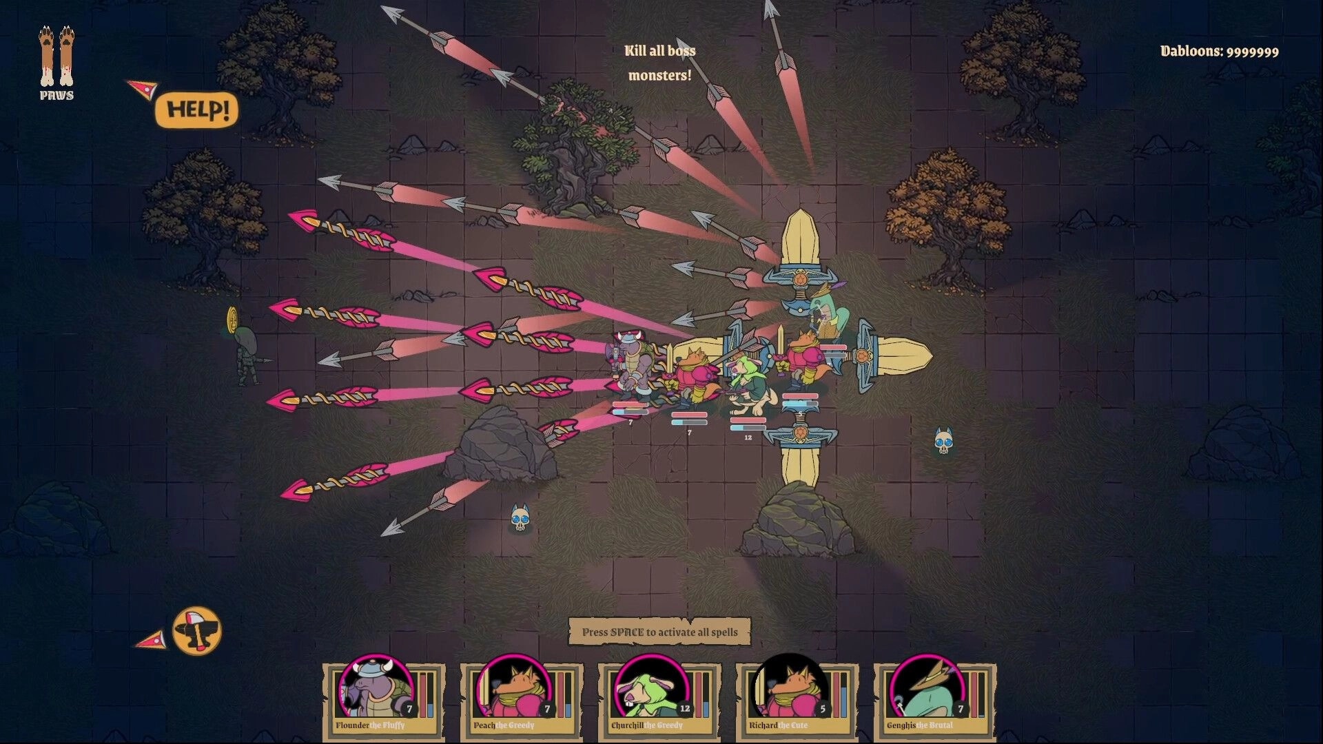 Fur and Fables: Party battling enemies with arrows in a dark forest clearing, UI shows character stats.