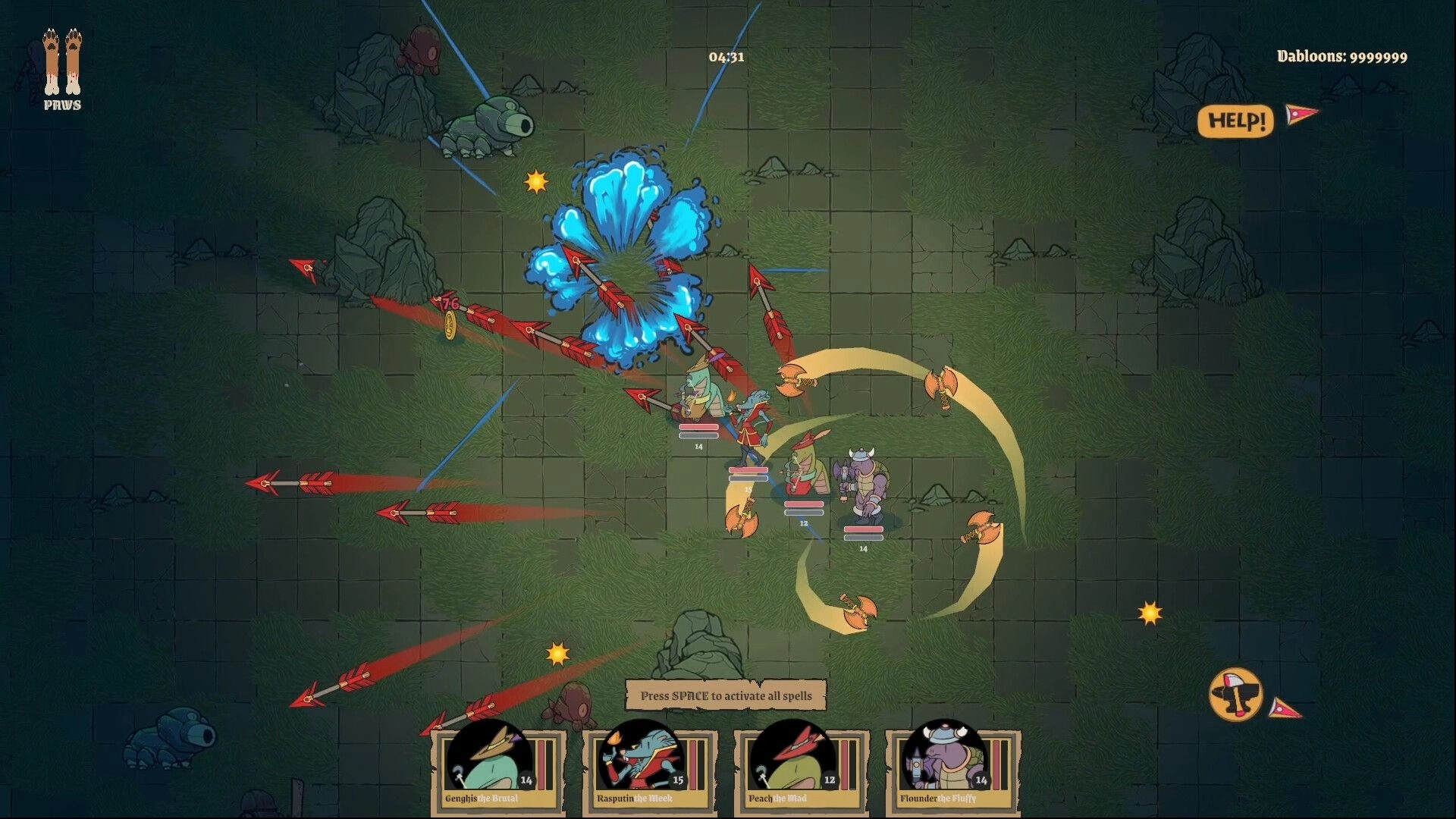 Fur and Fables: Genghis the Brutal leads party combat against enemies on grassy battlefield.