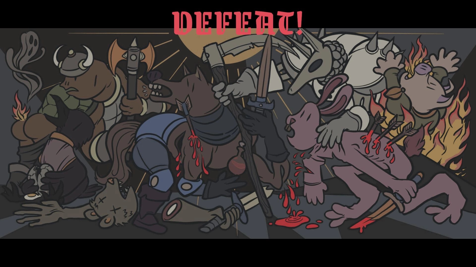 Fur and Fables: Defeated party of adventurers lie wounded in dark dungeon, surrounded by flames