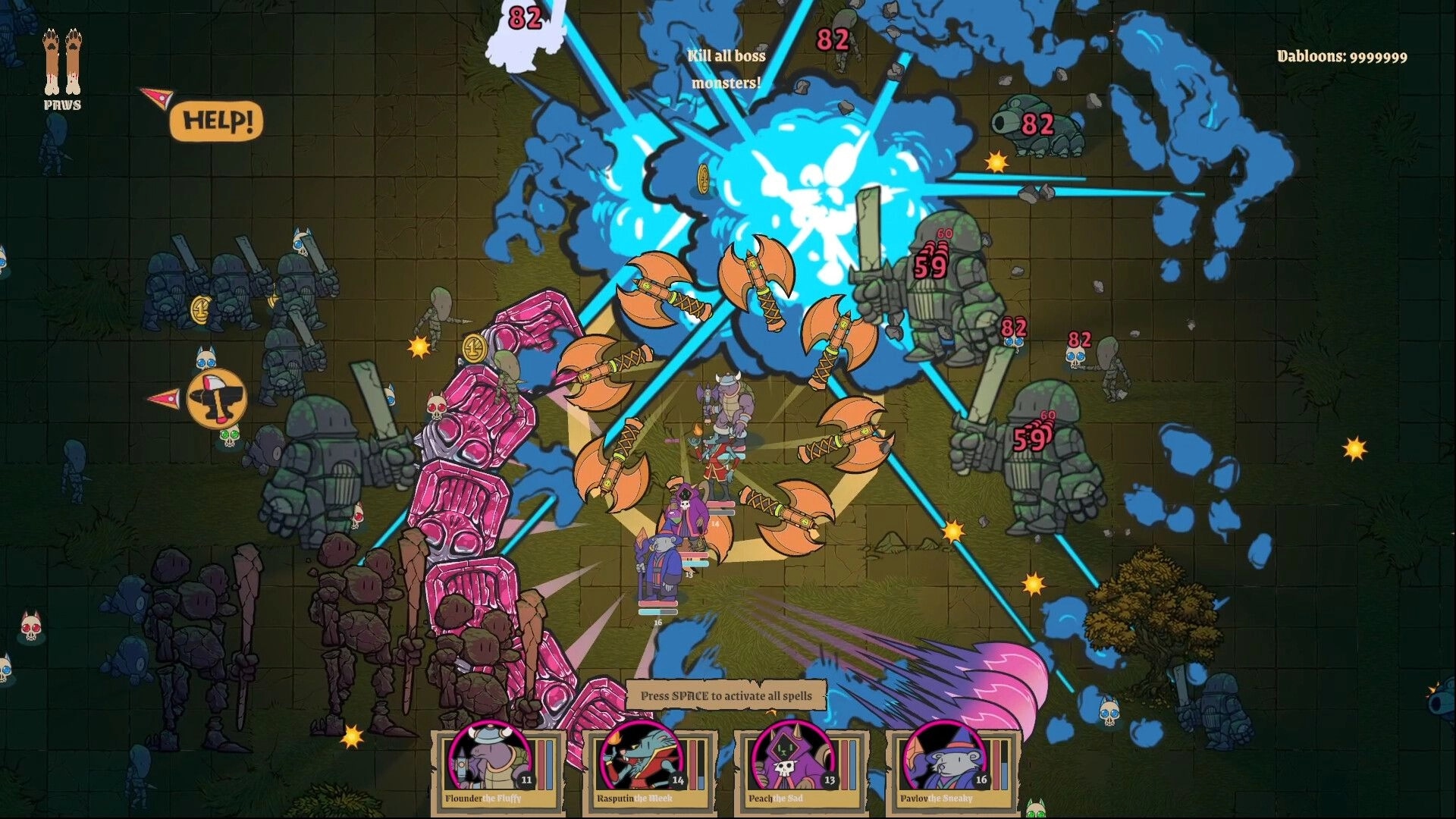 Fur and Fables: Intense combat with characters Flounder, Rasputin, Peach, and Pavlov in a forest arena.