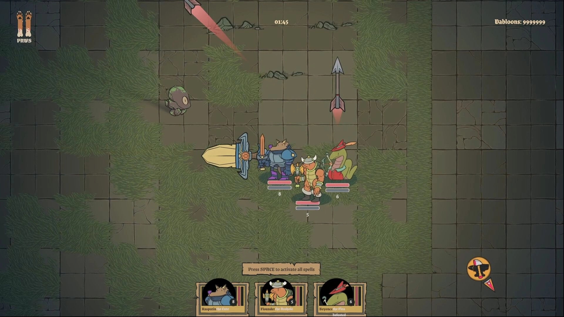 Fur and Fables: Party of heroes battling on a grassy tiled arena with UI showing character stats.