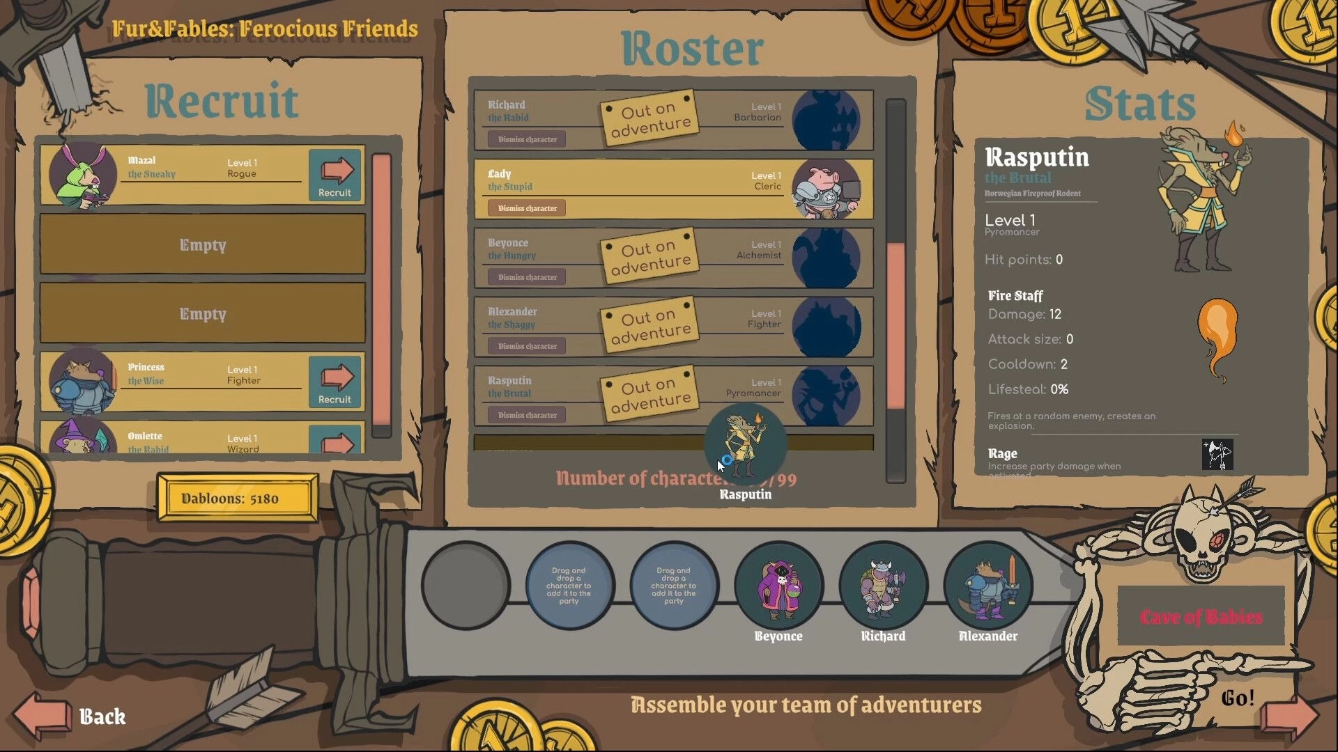 Fur and Fables: Character recruitment and stats interface with Rasputin's details and party lineup