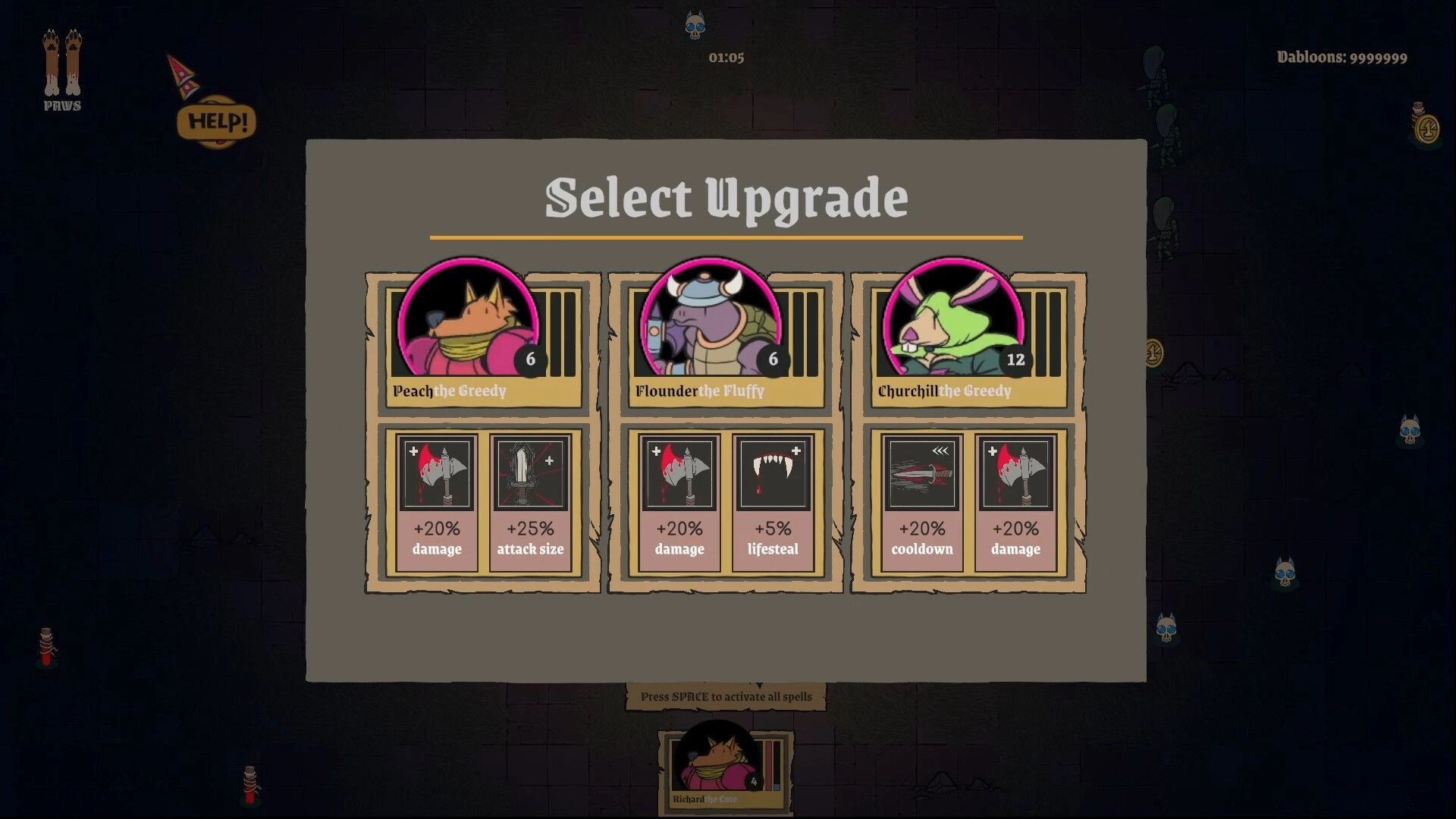Fur and Fables: Character upgrade selection screen with Peach, Flounder, and Churchill options displayed