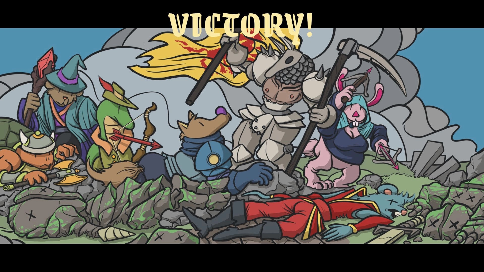 Fur and Fables: Victory celebration with diverse animal adventurers in a rocky battlefield setting.