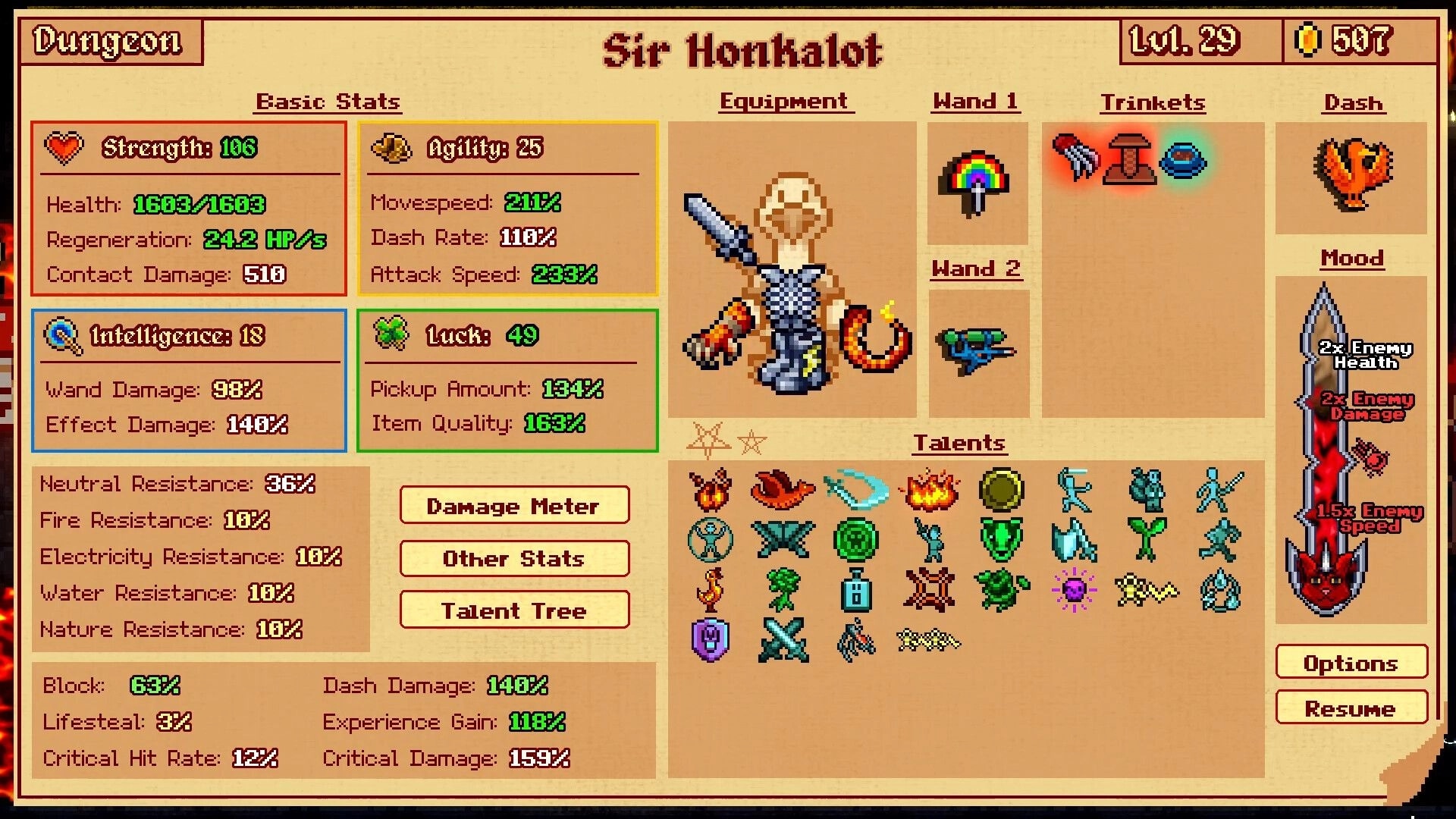 Furcifer's Fungeon: Character stats and equipment screen with talents and enemy modifiers in dungeon.