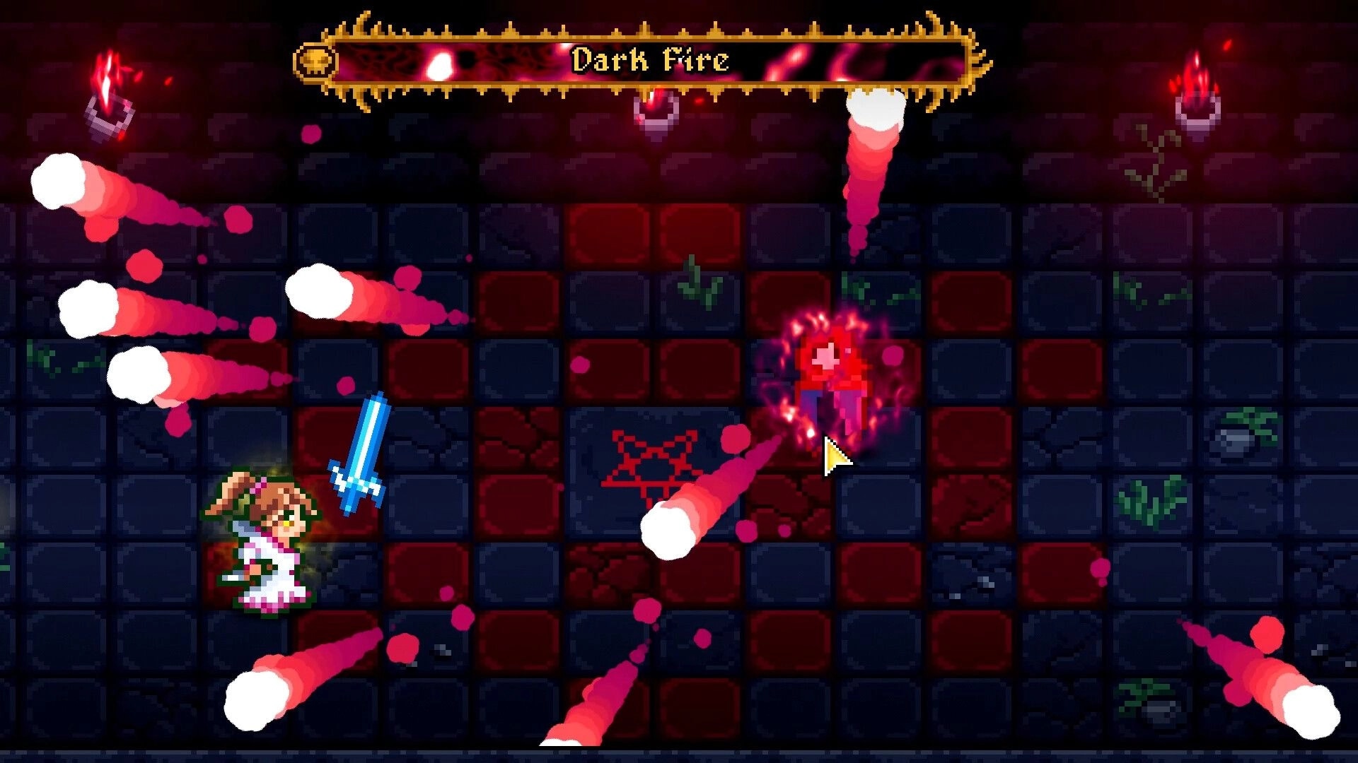 Furcifer's Fungeon: Player dodging red projectiles on a dark grid while facing a glowing enemy.