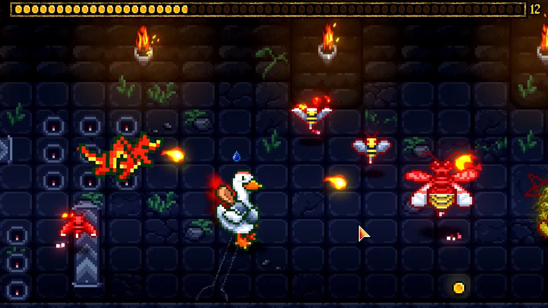 Furcifer's Fungeon: Necromancer goose dodging fireballs in dungeon with bees and torches on walls