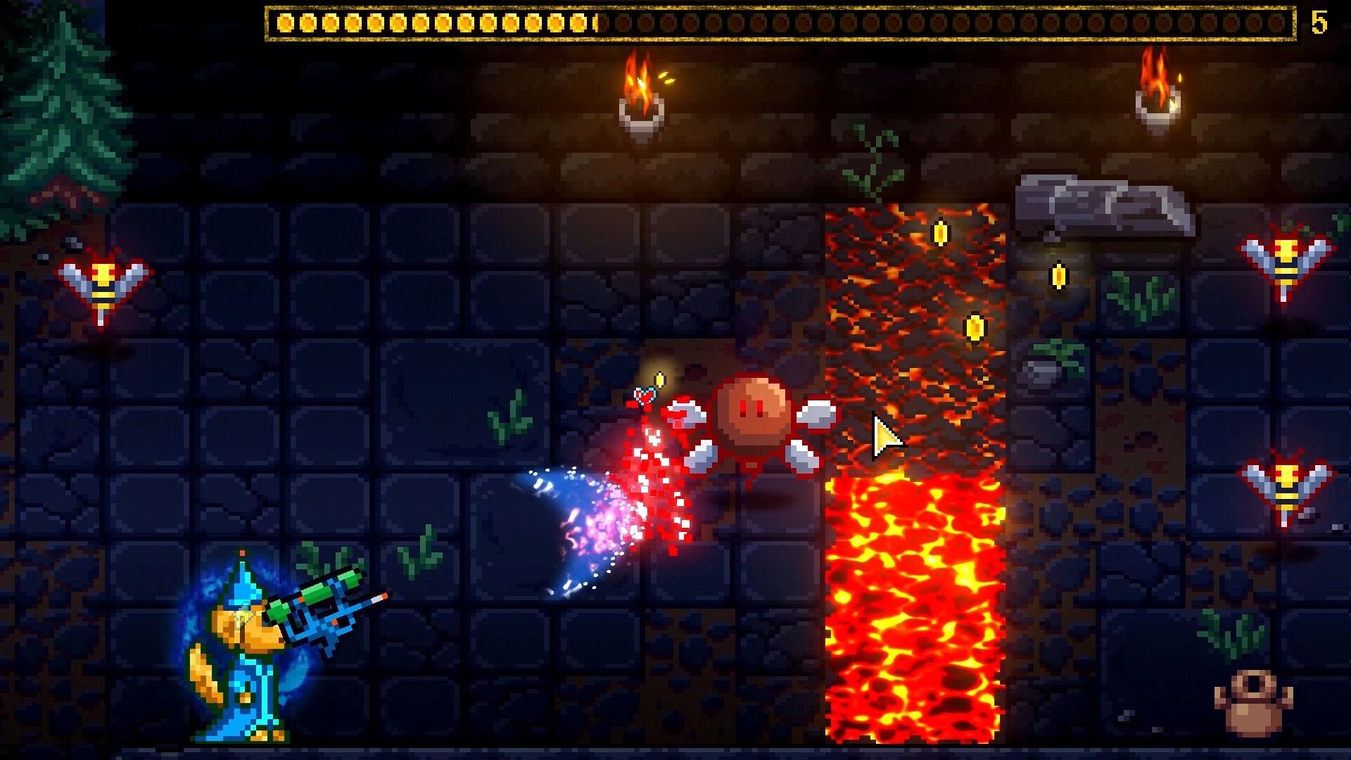 Furcifer's Fungeon: Goose wizard battles enemy robots near lava in dungeon with coins and torches.