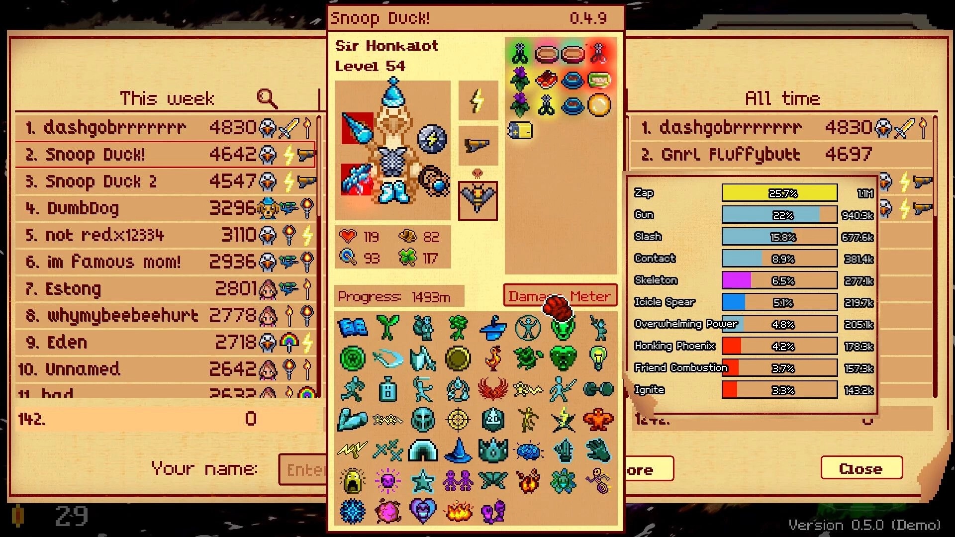 Furcifer's Fungeon: Character stats screen for Sir Honkalot at level 54 with various items and metrics.