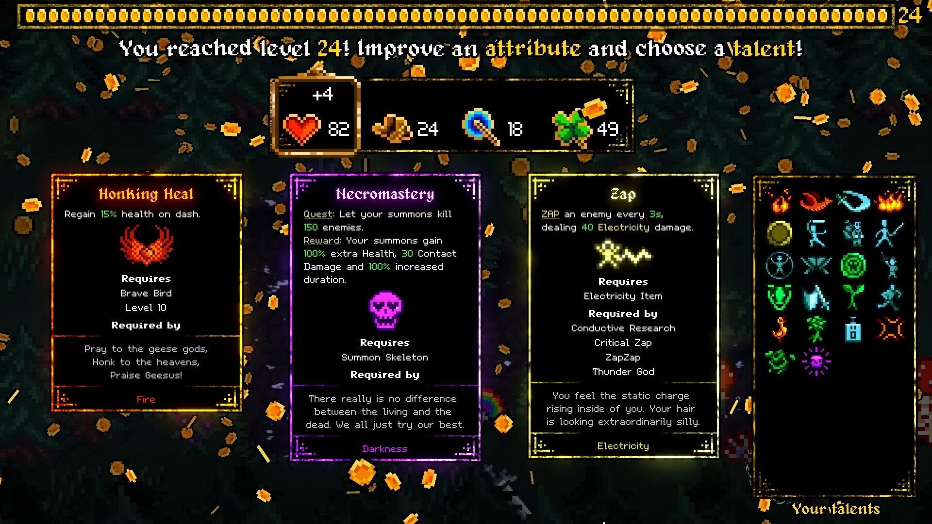 Furcifer's Fungeon: Talent selection screen with options for Honking Heal, Necromastery, and Zap