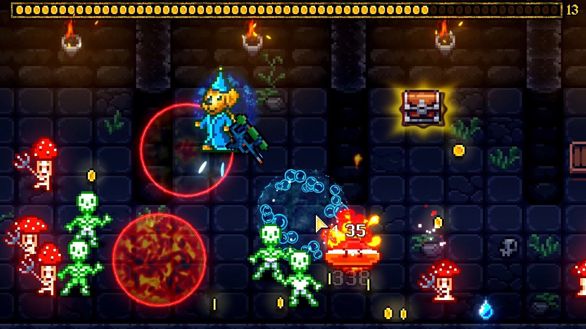 Furcifer's Fungeon: Necromancer goose battles skeletons and mushroom foes in dungeon with treasure chest.