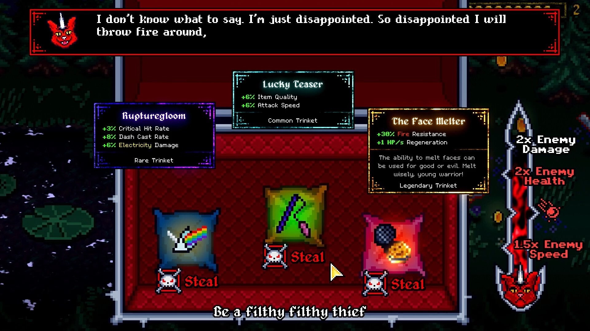 Furcifer's Fungeon: Item selection screen with three trinket options and enemy difficulty modifiers visible
