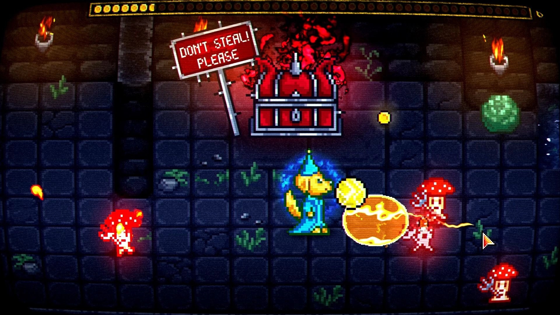 Furcifer's Fungeon: Goose character casting spell near a chest with enemies in a dungeon corridor.