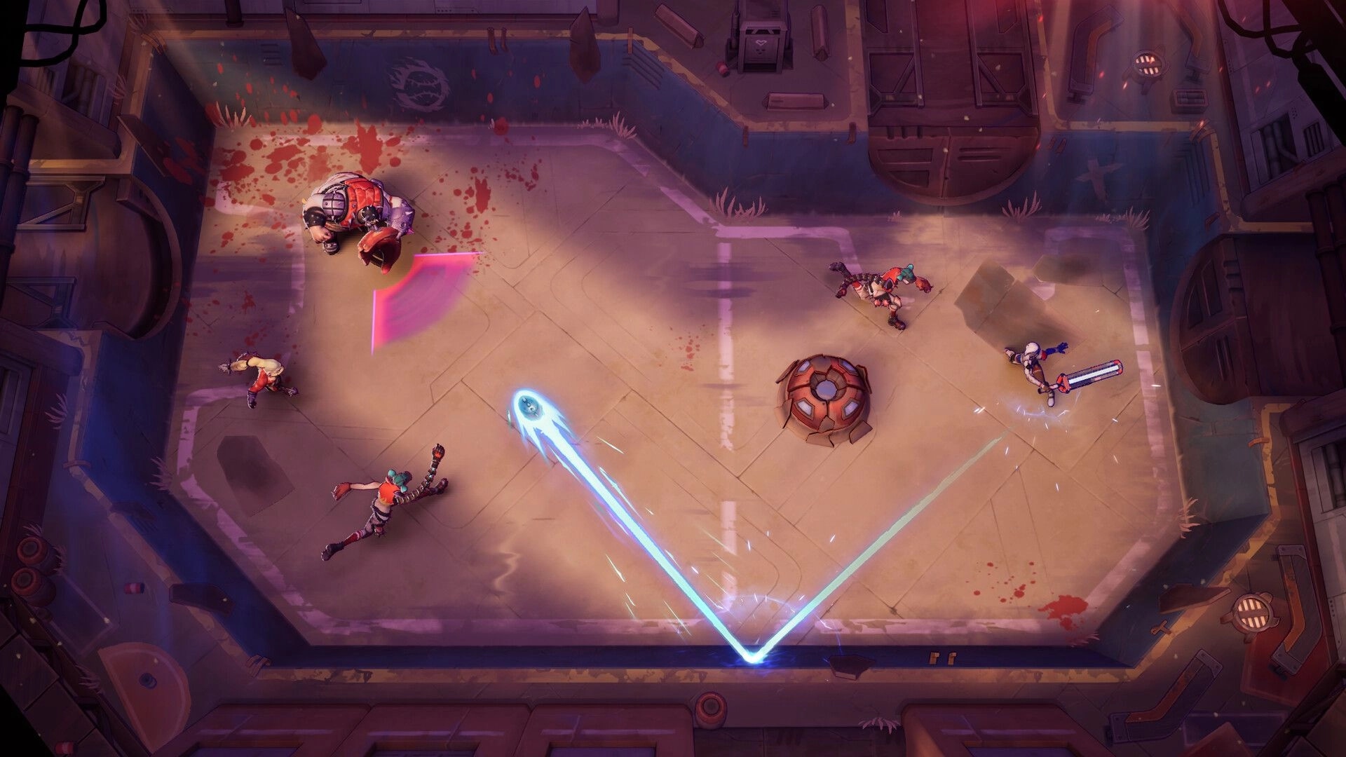 Furyball: Glowing bullet ball ricochets across a grimy arena as fighters clash near a central bumper.