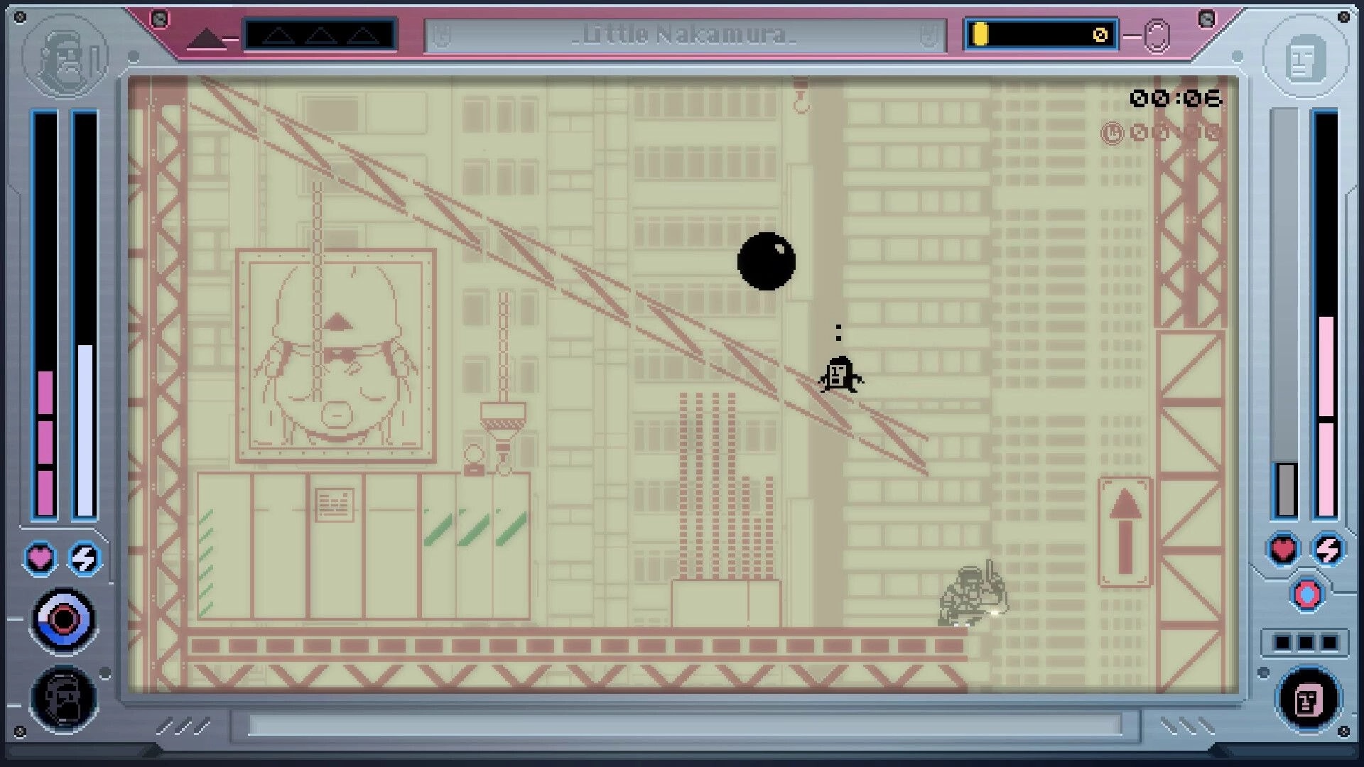 Future Knight: Robot hero dodges a floating black orb in an LCD city stage with side UI bars.