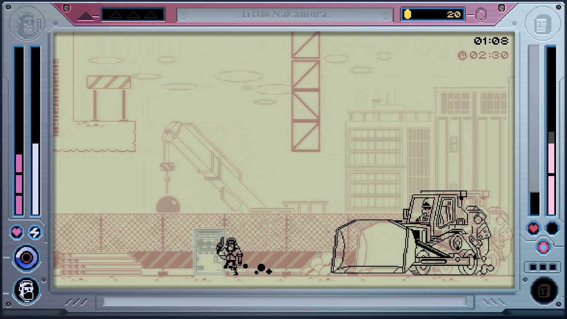 Future Knight: Robot hero aims pistol near a vending machine as a bulldozer rolls in a construction yard.