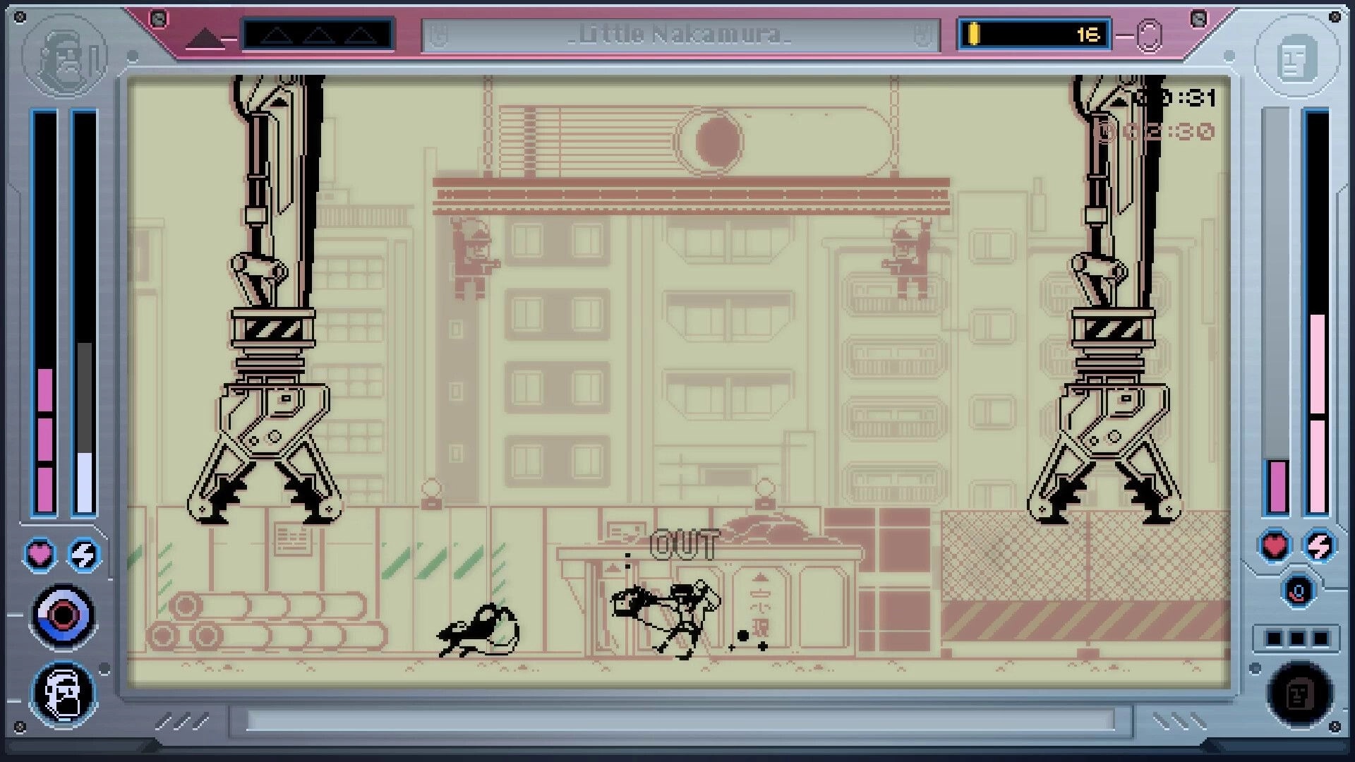Future Knight: Robot hero knocked out beside a kiosk, flanked by two giant crane claws in city street.