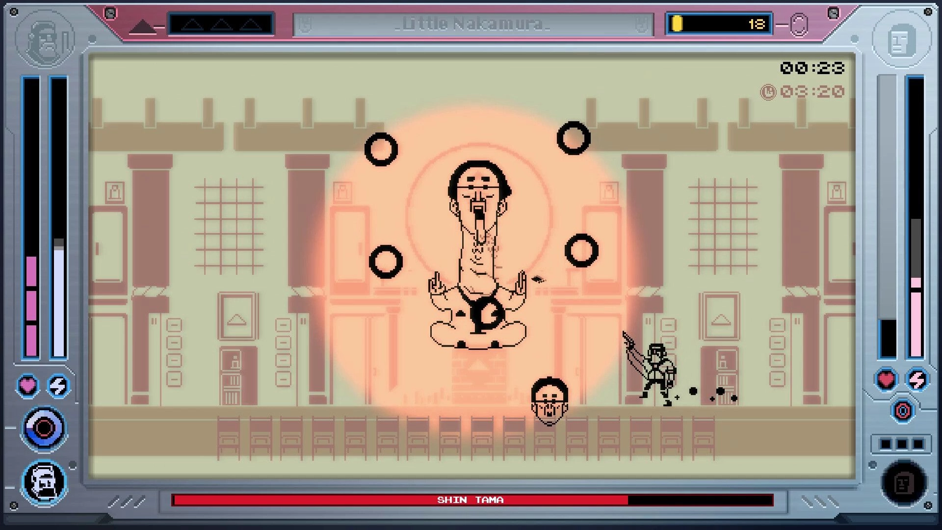 Future Knight: Player aims at floating monk boss with orbiting orbs in a pixelated temple arena.