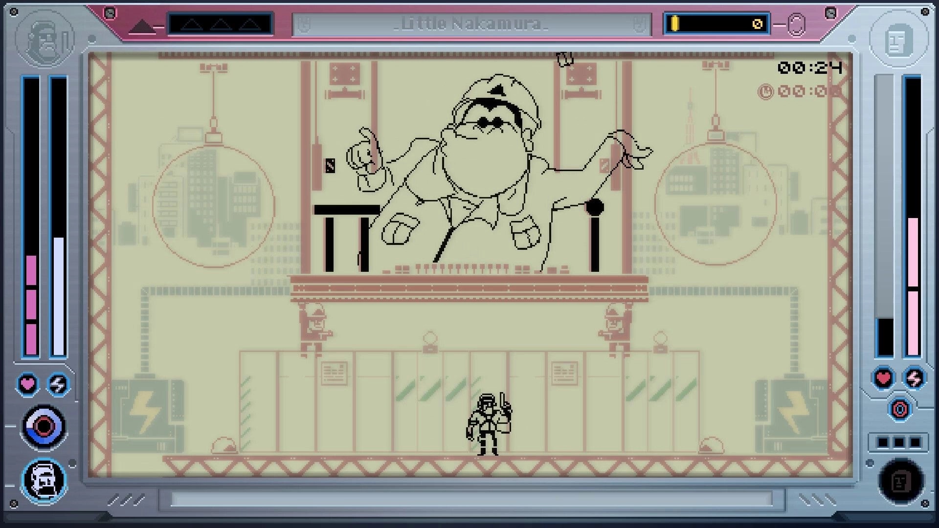 Future Knight: Tiny soldier aims pistol at giant boss on platform in LCD-style industrial arena UI.