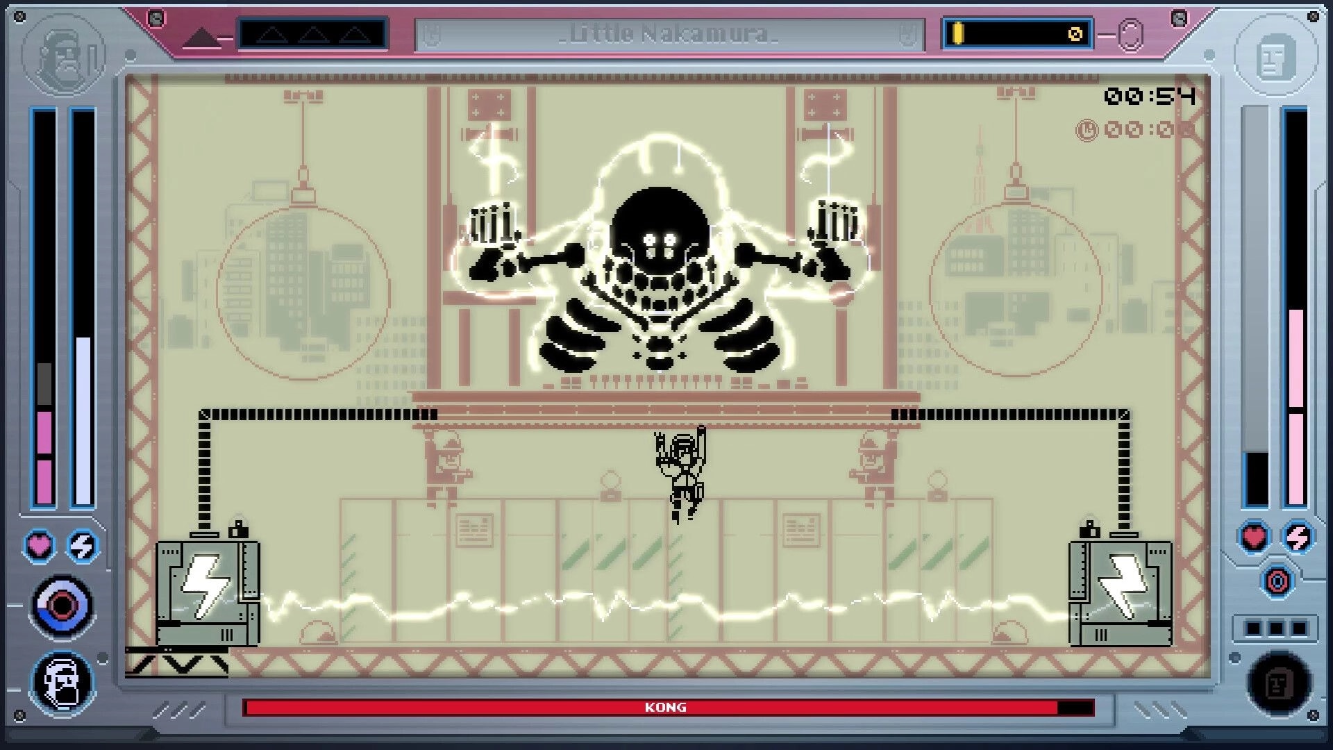 Future Knight: Boss fight versus glowing Kong silhouette above hero in lab arena with HUD meters.