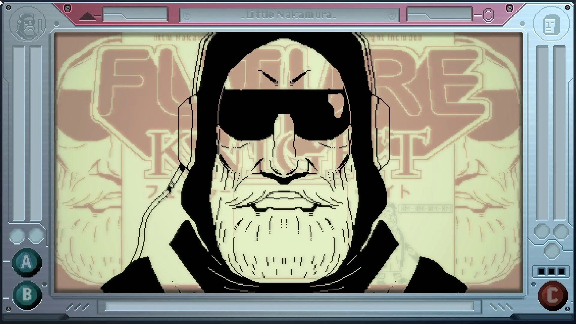 Future Knight: Close-up portrait of a stern man in sunglasses on a handheld-style UI screen.
