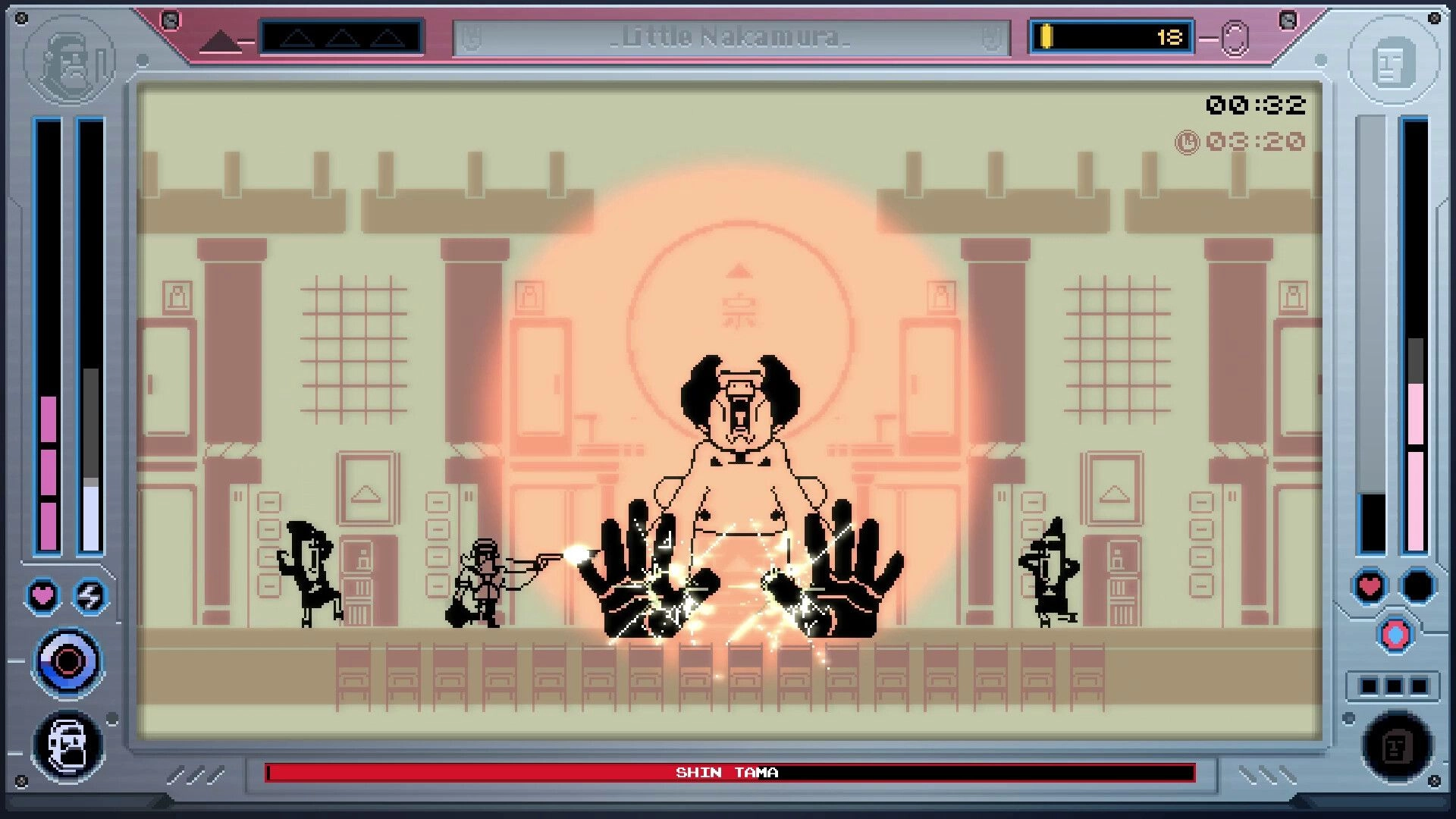 Future Knight: Player fires at giant boss Shin Tama with huge hands in a neon-lit lab arena UI HUD.