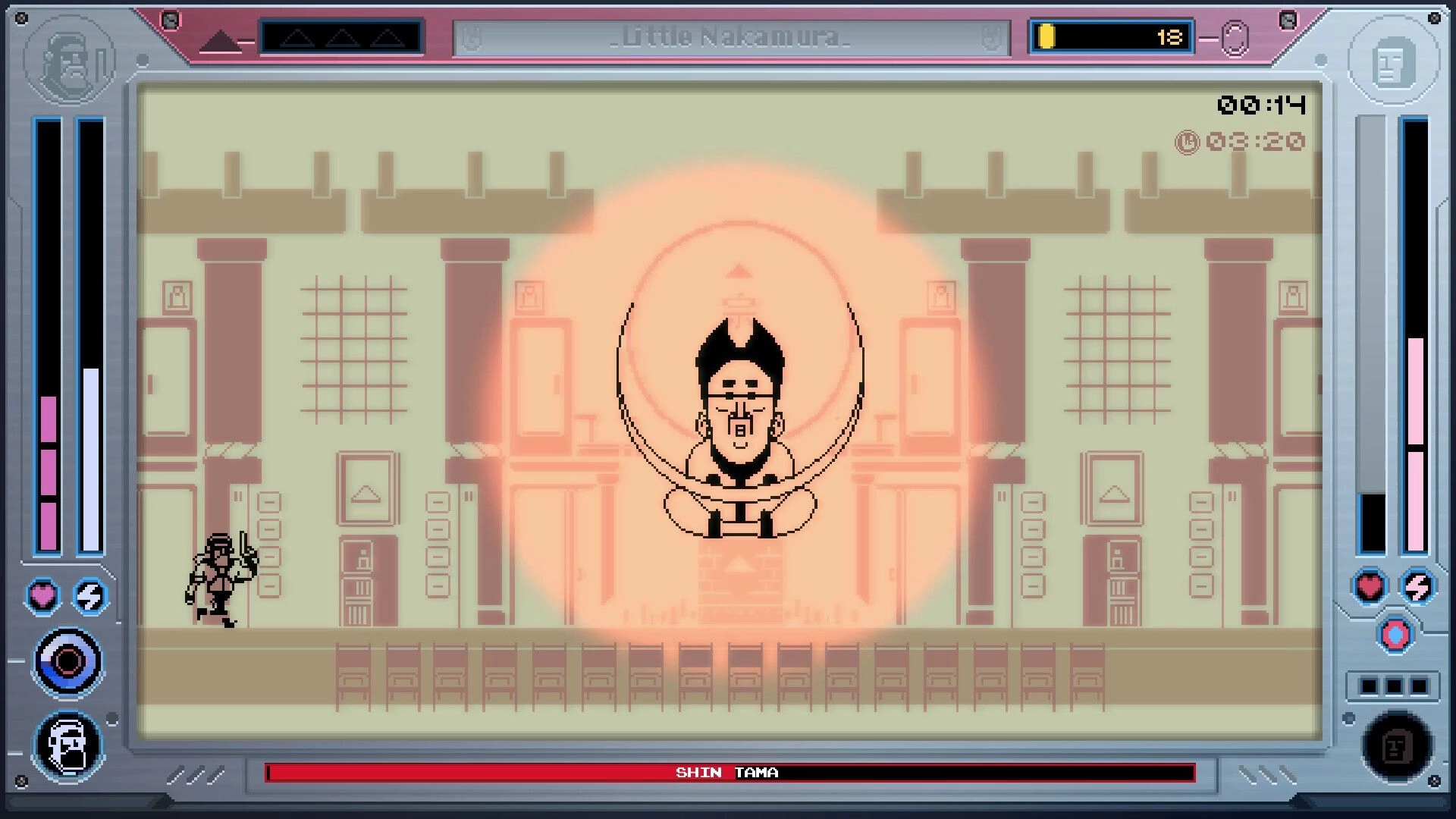 Future Knight: Player aims at floating monk boss in glowing aura inside a dojo arena with HUD bars.