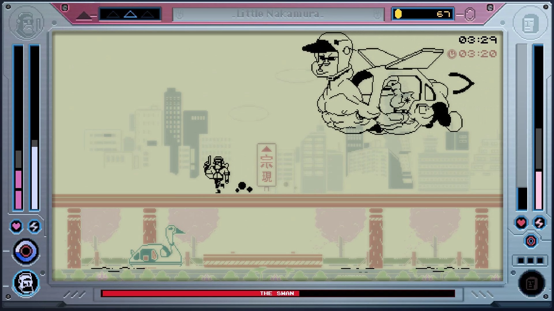 Future Knight: Player runs and fires at giant flying boss The Swan over a hazy city skyline stage.