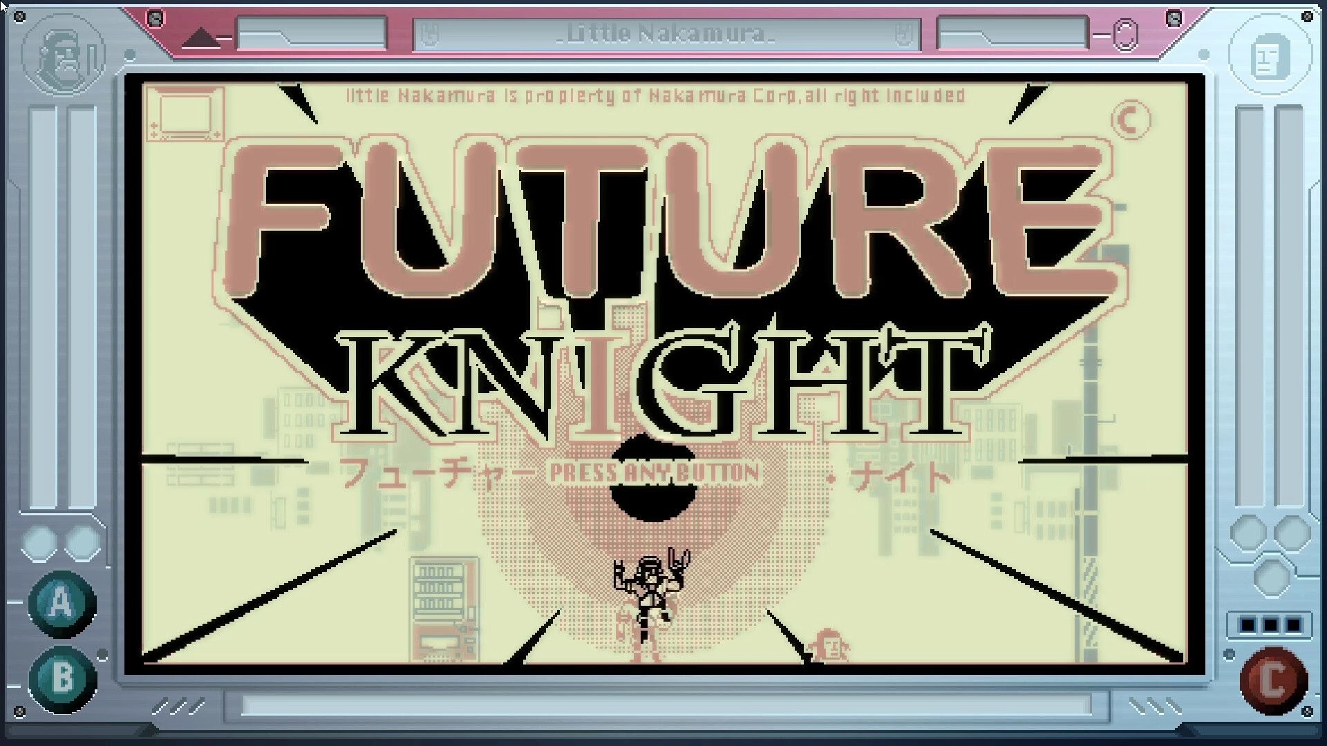 Future Knight: Title screen with huge FUTURE KNIGHT logo and press any button prompt on LCD frame.