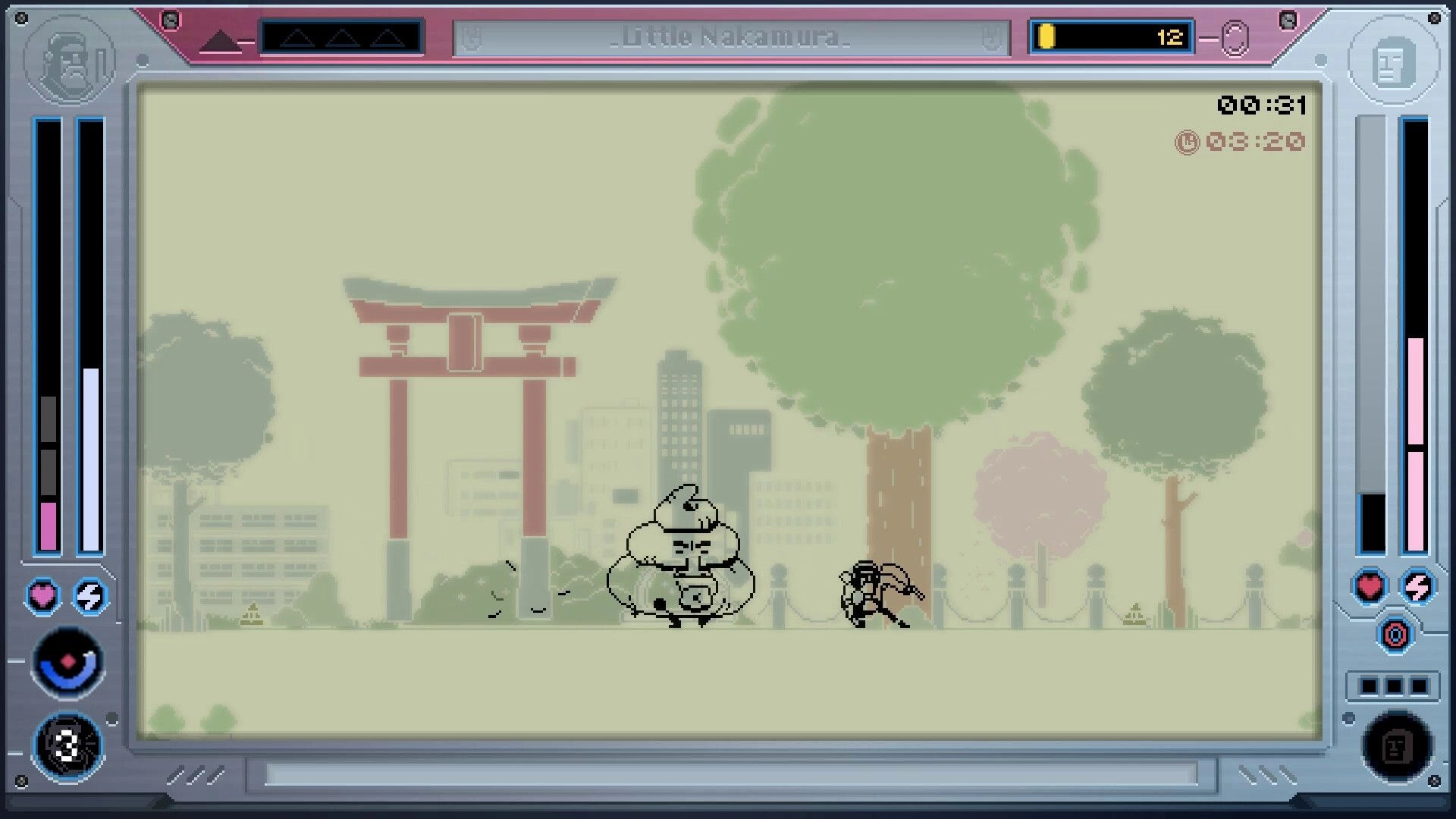 Future Knight: Robot hero fights a round boss in a park with torii gate, trees, and HUD meters.