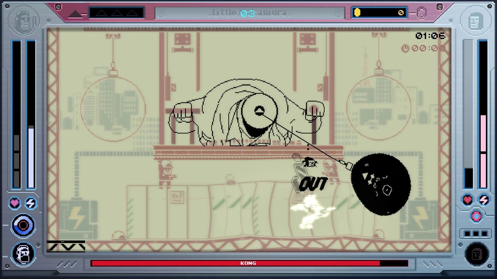 Future Knight: Boss fight with one-eyed monster swinging wrecking ball in LCD city arena UI.