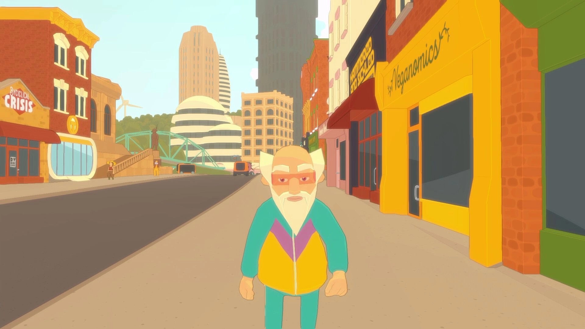 Future? No Thanks!: Bearded elderly man stands on empty street beside colorful shops and city skyline.