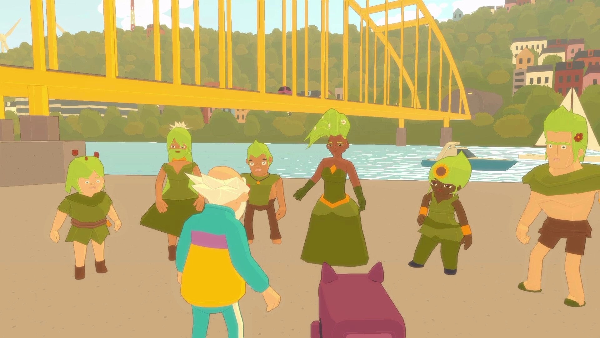 Future? No Thanks!: Elder player faces green-haired locals by a river under a yellow bridge dockside.