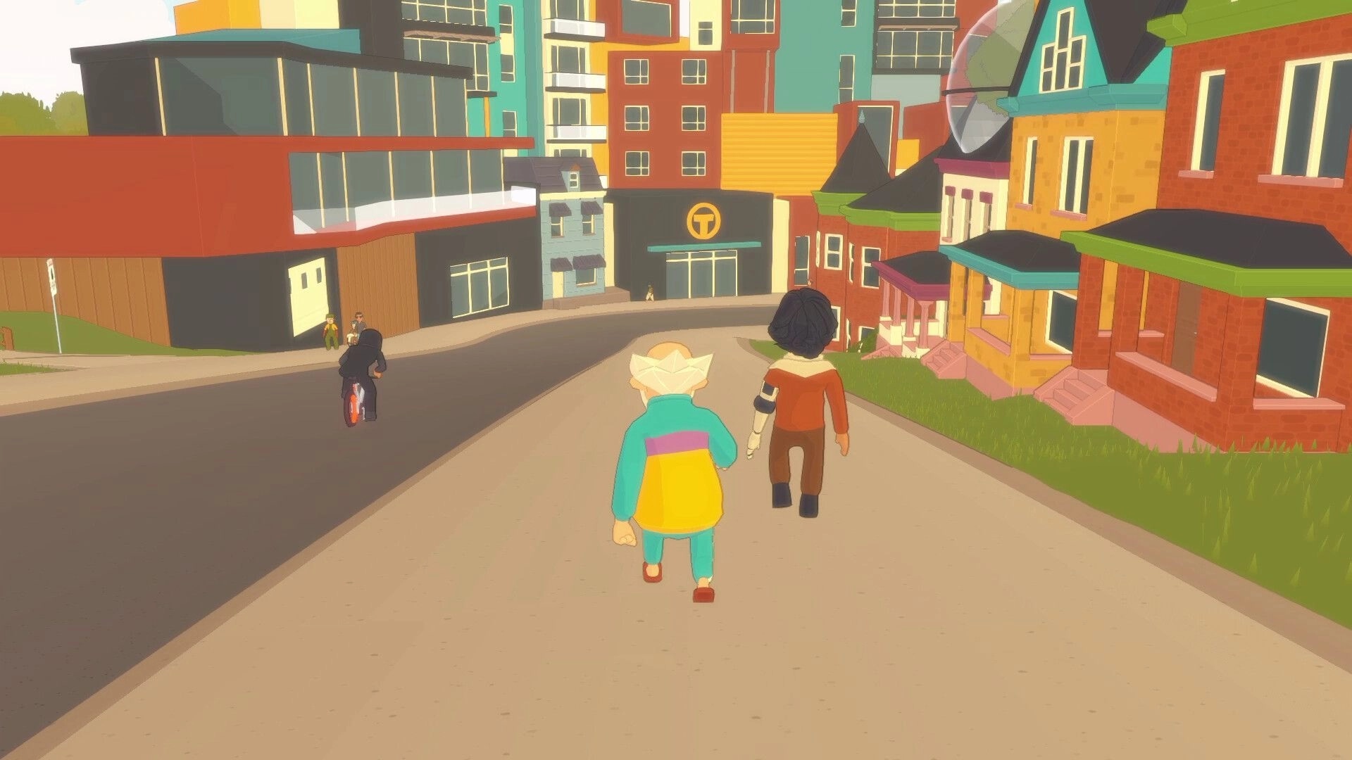 Future? No Thanks!: Third-person walk with two characters down a city street past colorful houses and shops.
