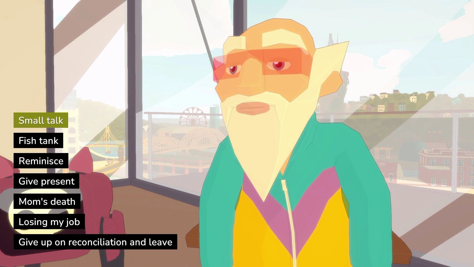 Future? No Thanks!: Dialogue choices beside an elderly bearded man in a bright room with city view.