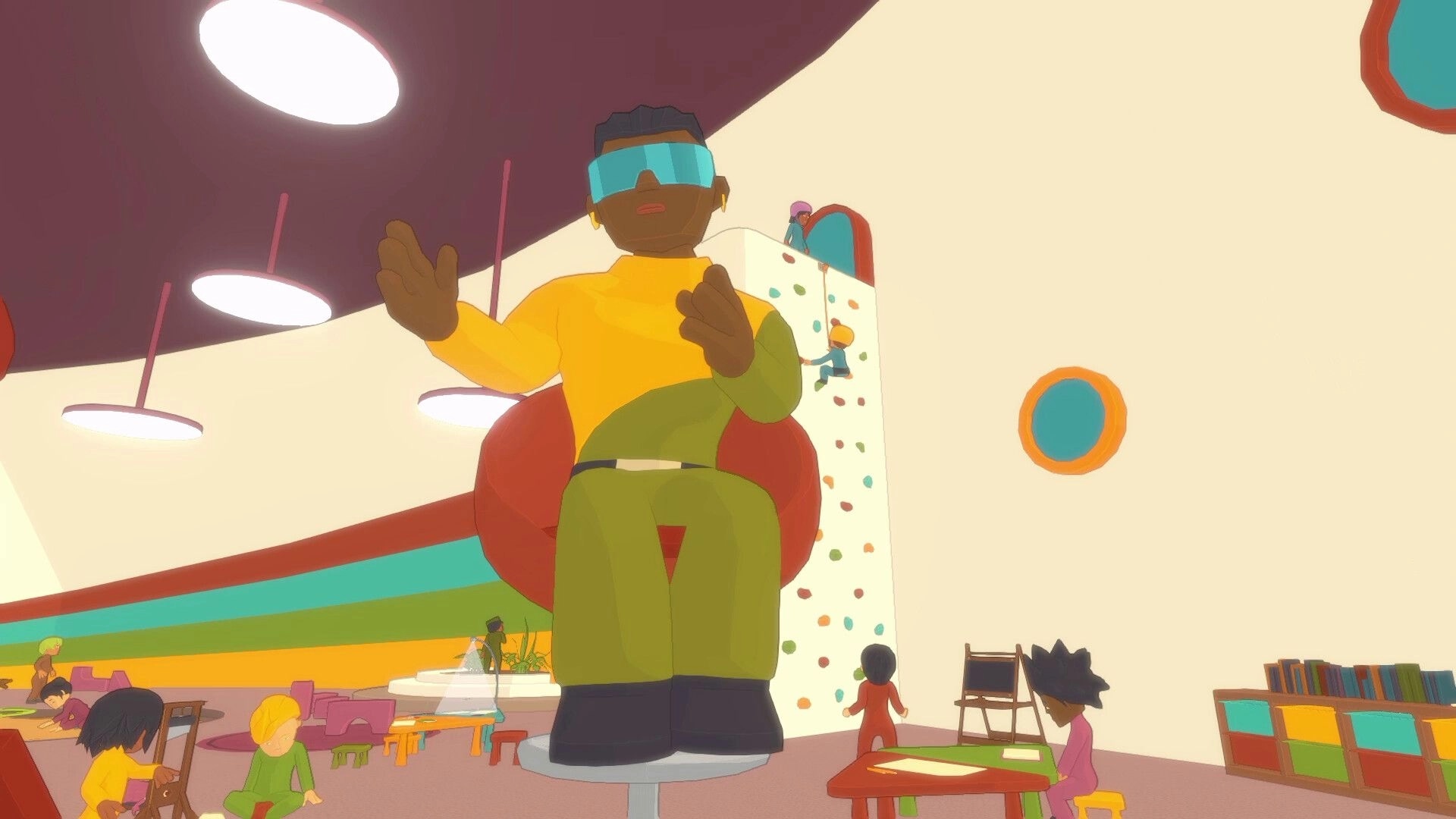 Future? No Thanks!: Giant hologram instructor gestures in daycare playroom with kids and climbing wall.