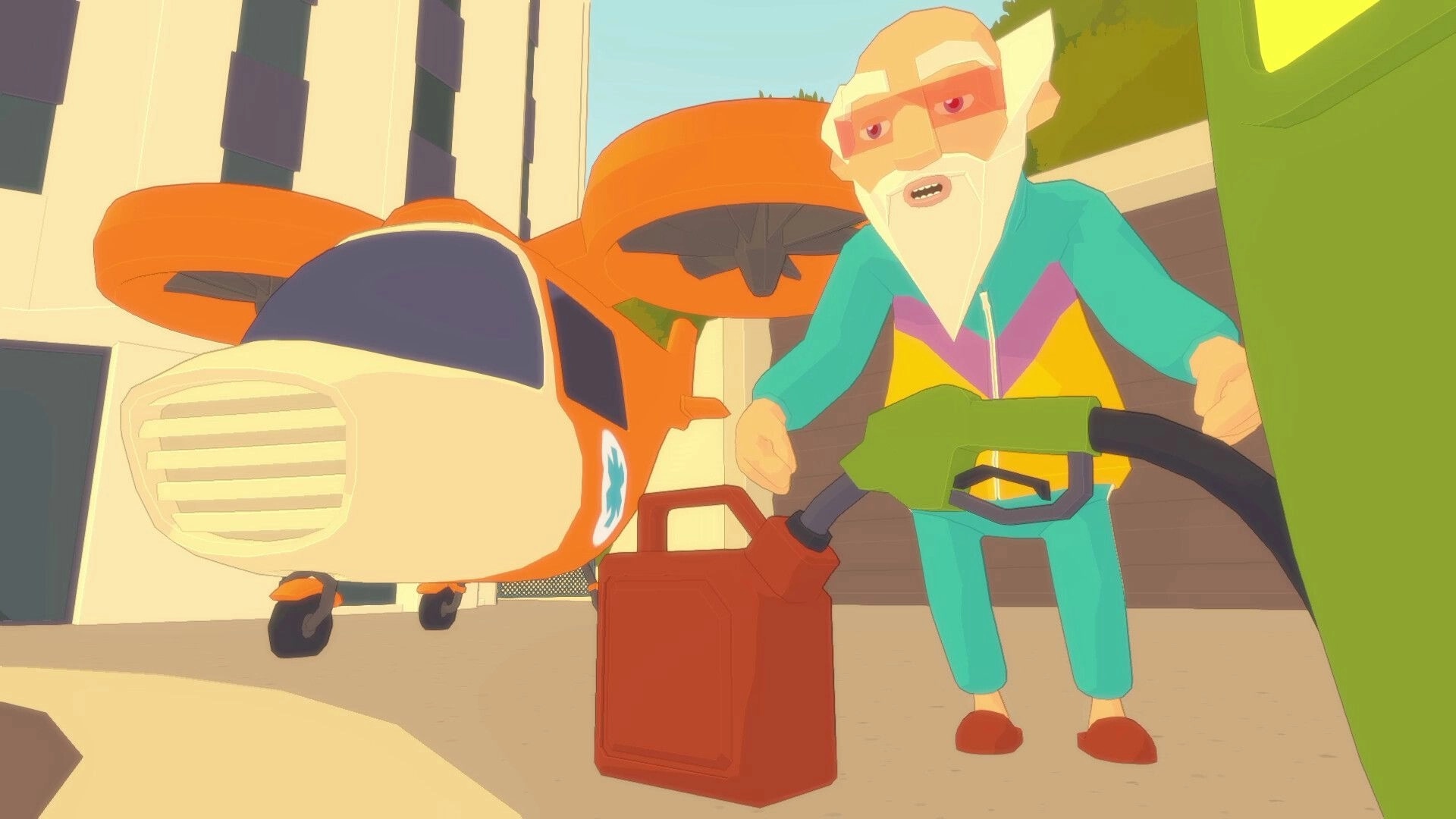 Future? No Thanks!: Elderly man with white beard refuels a drone vehicle outside a modern building.