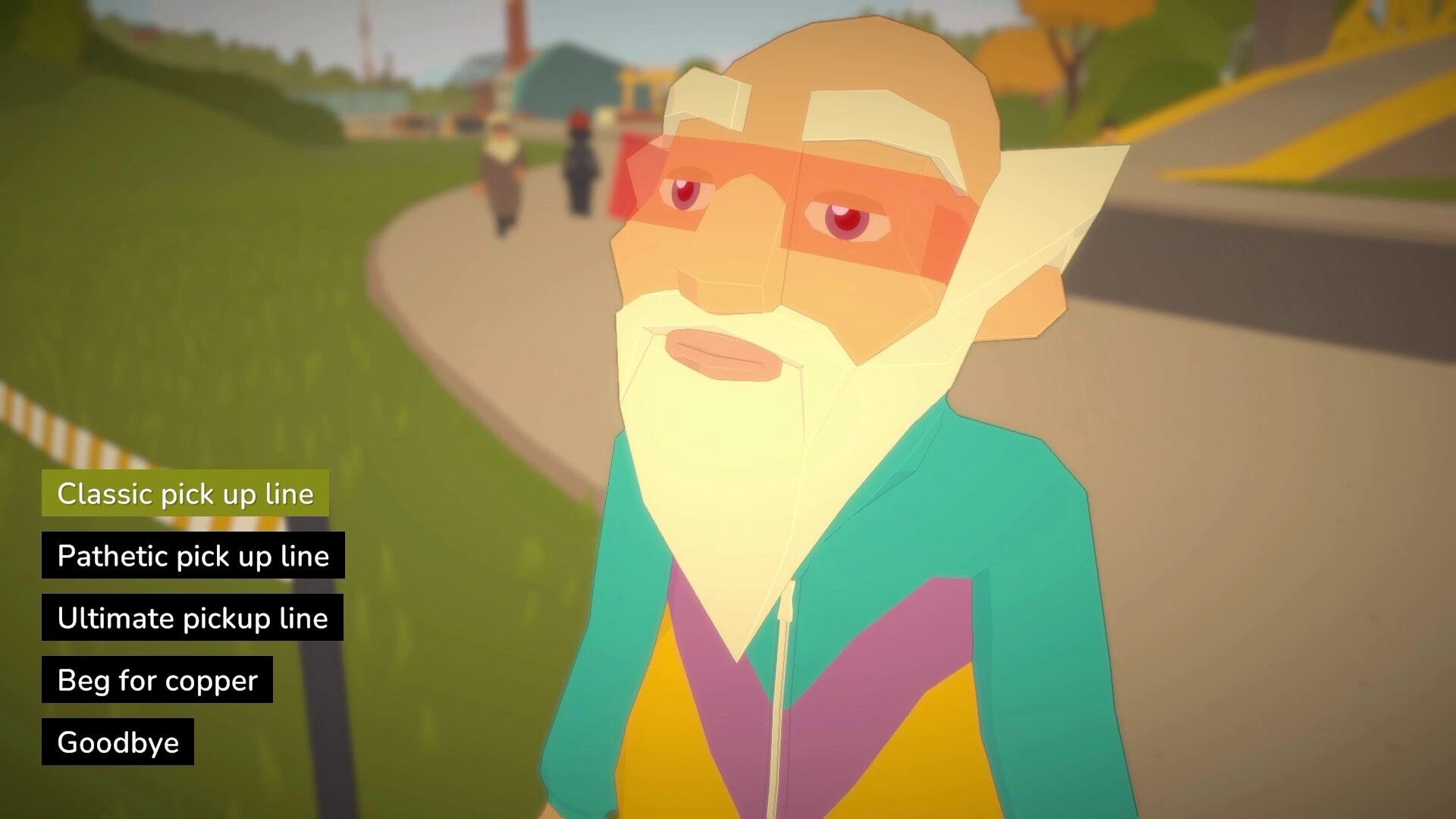 Future? No Thanks!: Dialogue choices beside an elderly bearded man on a roadside path in town.