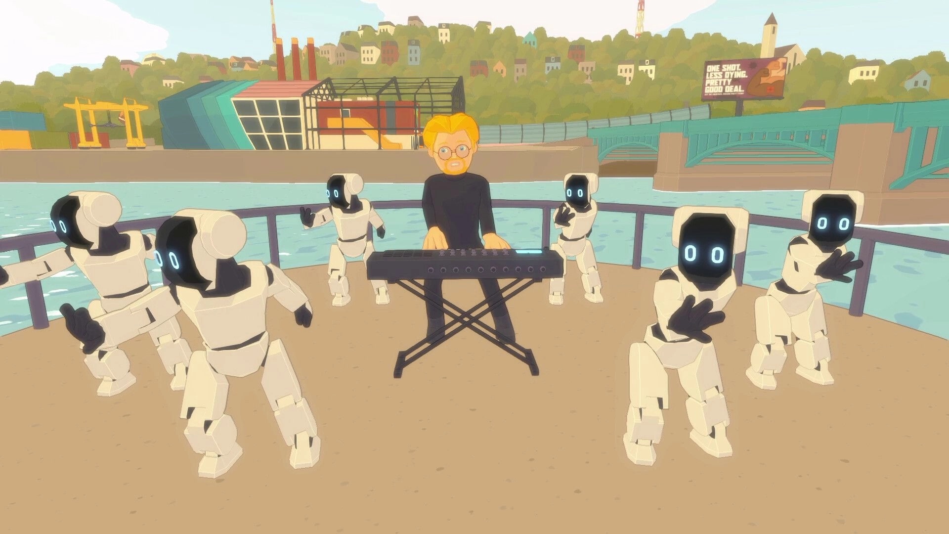 Future? No Thanks!: Man plays keyboard as small robots dance on riverside terrace by a bridge.