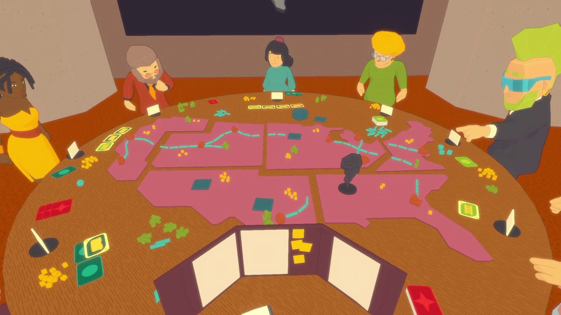 Future? No Thanks!: First-person view of a board game on a round table with five players in a room.